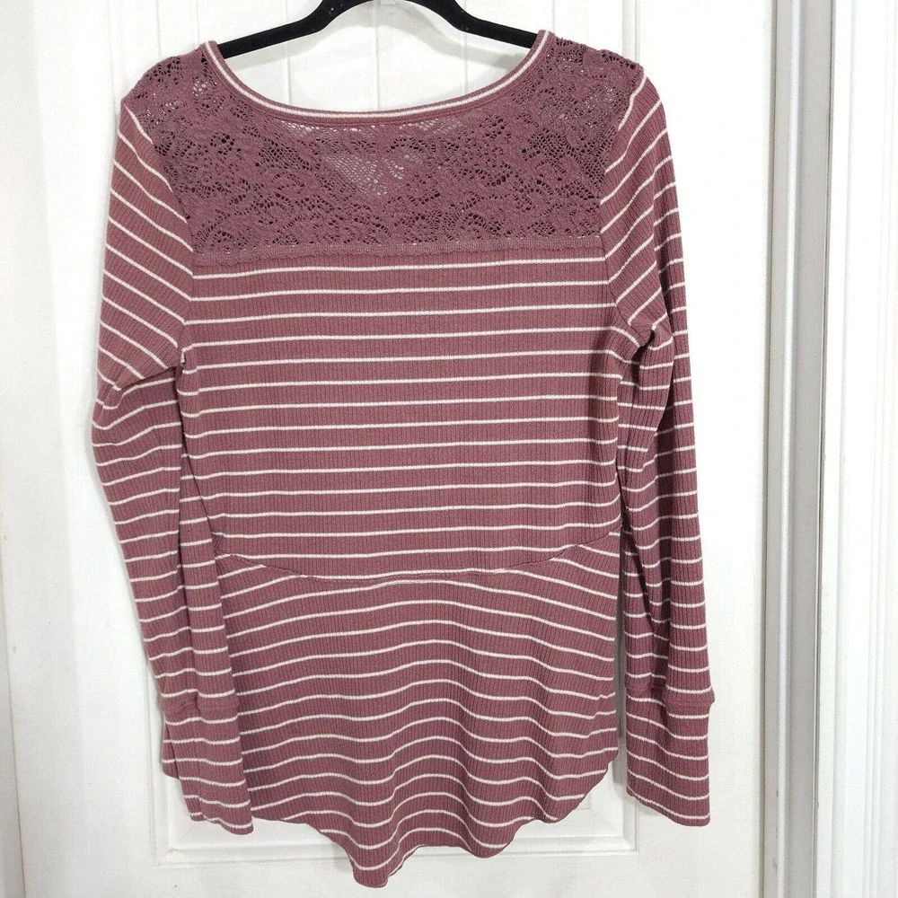 Anthropologie Womens Sleep Shirt Campground Maroon Striped Thermal Henley Top S